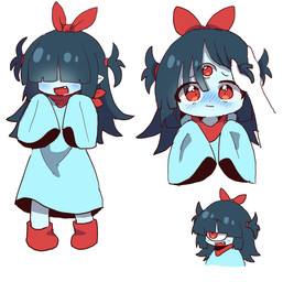 1_eye 3_eyes accessory black_hair blue_body blue_skin blush blush_lines bow_ribbon clothed clothing cute_fangs disembodied_hand duo embarrassed fangs female flower hair hair_accessory hair_bow hair_over_eyes hair_ribbon headpat long_hair long_sleeves looking_at_viewer multi_eye not_furry open_mouth open_smile pigtails plant red_eyes ribbons simple_background smile solo solo_focus teeth wavy_mouth white_background magg_(pixiv) deltarune undertale_(series) aqua_(deltarune) elemental_creature flora_fauna flower_creature humanoid 2026 absurd_res digital_drawing_(artwork) digital_media_(artwork) hi_res multiple_images