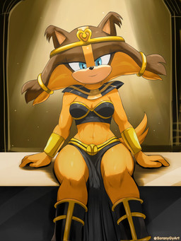 anthro blue_eyes bottomwear breasts clothed clothing costume female fur hair headgear holidays loincloth looking_at_viewer orange_body sitting smile solo tail topwear soranygyart egyptian_mythology halloween middle_eastern_mythology mythology sega sonic_boom sonic_the_hedgehog_(series) sticks_the_jungle_badger badger mammal mustelid musteline digital_media_(artwork) hi_res