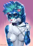 anthro bdsm blue_hair breasts collar countershading female hair leash leash_pull looking_at_viewer petplay red_eyes roleplay solo behemoth89 canid canine canis domestic_dog mammal hi_res