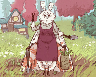 4_arms antennae_(anatomy) anthro apron arthropod_abdomen black_eyes black_sclera building clothing farm female flower fluffy fur garden grass house markings mole_(marking) multi_arm multi_limb neck_tuft orange_body orange_fur plant red_clothing smile solo tree tuft white_body white_fur tateoftot arthropod insect lepidopteran moth hi_res