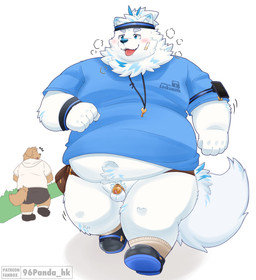 accessory anthro balls belly blush bottomless bottomless_anthro bottomless_male casual_chastity chastity_cage chastity_device chastity_key clothed clothing duo exercise fupa fur genitals gold_(metal) gold_chastity_cage gold_chastity_device headband jewelry key key_necklace male navel necklace overweight public public_nudity running shirt t-shirt topwear white_body white_fur 96panda lifewonders live_a_hero yohack canid canine canis domestic_dog mammal nordic_sled_dog samoyed spitz hi_res
