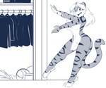 anthro bell bell_collar breasts closet clothing collar digitigrade eyebrows female fur hair looking_at_viewer nude open_mouth open_smile smile solo striped_body striped_fur stripes infinitedge aegis_(infinitedge) felid mammal pantherine tiger 2023 6:5 hi_res monochrome sketch