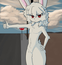 5_fingers anthro cheek_tuft facial_tuft featureless_crotch femboy fingers fluffy fluffy_chest fluffy_tail fur hair long_hair male nude red_eyes sky skyscape slim slim_anthro slim_male small_waist solo stop_sign tail thick_thighs tuft white_body white_fur itskoji0w0 lagomorph mammal absurd_res hi_res