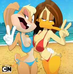 5_fingers anthro asymmetrical_breast_frottage beach beak big_breasts bikini blonde_hair blue_bikini blue_clothing blue_swimwear breast_squish breasts breasts_frottage brown_hair cleavage clothed clothing duo earband eyelashes eyeshadow female fingers gesture gloves hair hand_gesture handwear legs_together long_ears long_hair looking_aside looking_at_viewer makeup midriff narrowed_eyes navel non-mammal_breasts outside pink_eyeshadow red_bikini red_clothing red_swimwear sand sea short_hair sky small_waist squish standing swimwear text toony two-piece_swimsuit v_sign water goz-o looney_tunes the_looney_tunes_show warner_brothers lola_bunny tina_russo anatid anseriform avian bird duck lagomorph leporid mammal rabbit 2026 artist_name hi_res