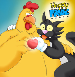 4_fingers anthro arm_around_neck arm_on_back black_body black_fur clothing duo fangs feathers fingers fur gloves grey_body grey_fur handwear heart_symbol hug lgbt_pride making_heart_with_hands male male/male obese overweight teeth tongue tongue_out white_clothing white_gloves white_handwear yellow_body yellow_feathers pt80s0up family_guy lgbt_pride_month the_simpsons ernie_the_giant_chicken scratchy_(the_simpsons) avian bird chicken domestic_cat felid feline felis galliform mammal phasianid