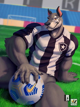 5_fingers anthro ball bottomless bottomless_anthro bottomless_male clothed clothed_anthro clothed_male clothing covering covering_crotch covering_self fingers fur grey_body grey_fur holding_object looking_at_viewer male muscular muscular_anthro muscular_male orange_eyes sitting sitting_on_ground soccer_ball soccer_field soccer_jersey solo spread_legs spreading nexus botafogo brazilian_serie_a nike biriba_(botafogo) canid canine canis domestic_dog mammal 2022 hi_res