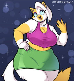 anthro anthrofied belly big_breasts blue_eyes breasts clothed clothed_anthro clothed_female clothing crop_top cute_fangs fangs female fully_clothed fully_clothed_anthro fully_clothed_female fur hair hand_on_hat hand_on_hip jewelry midriff multicolored_body multicolored_fur necklace overweight overweight_anthro overweight_female shirt snaggle_tooth solo teeth thick_thighs topwear two_tone_body two_tone_fur voluptuous_anthro voluptuous_female white_body white_fur white_hair wide_hips yellow_body yellow_fur shyshyoctavia adventure_time cartoon_network fionna_and_cake fionna_and_cake_(franchise) cake_the_cat domestic_cat felid feline felis mammal hi_res