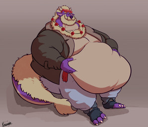 anthro beard belly belly_grab big_belly claws clothing eyewear eyewear_on_head facial_hair fur holding_belly horn huge_belly hyper hyper_belly jewelry male necklace obese obese_anthro obese_male overweight overweight_anthro overweight_male purple_body solo sunglasses sunglasses_on_head tan_body tan_fur wearing_sunglasses karrnade mythology gadzooks dragon eastern_dragon mythological_creature mythological_scalie scalie 2025 hi_res