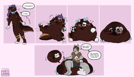 anthro bean_bag blush consensual_transformation duo explicitly_stated_consent facesitting female furniture furniture_transformation inanimate_transformation sitting_on_another text transformation conditional_dnp lustylamb animate_inanimate canid canine canis domestic_dog fox mammal absurd_res english_text hi_res sequence