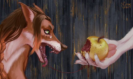 ambiguous_gender anthro apple blood bodily_fluids braided_hair corruption disembodied_hand duo female food fruit glowing green_eyes hair hypnosis inner_ear_fluff mind_control offering_food overwhelmed pawpads plant tongue tongue_out tuft vyarwolf canid canine fox mammal hi_res