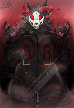 3_horns 4_fingers against_surface anthro areola arm_tuft big_breasts big_tail biped black_body black_fur black_pubes black_sclera bodily_fluids body_hair bone breasts broken_glass curvy_figure dialogue dripping drooling elbow_tuft excessive_genital_fluids excessive_vaginal_fluids female female_anthro fingers fur genital_fluids genitals glass happy_trail horn inviting_to_sex legs_together looking_at_viewer markings multi_horn navel neck_tuft nipple_piercing nipple_ring nipples nude nude_anthro nude_female on_glass pawpads piercing pink_pawpads pubes red_areola red_eyes red_horn red_nipples red_pubes ring_piercing saliva skull skull_head solo spiral_pupils striped_arms striped_legs striped_markings striped_tail stripes sweat sweatdrop sweaty_body tail tail_markings talking_to_viewer teeth text thick_thighs tuft vaginal_fluid_drip vaginal_fluids voluptuous voluptuous_anthro voluptuous_female vulva wide_hips cartoonwizzard american_mythology indigenous_north_american_mythology mythology north_american_mythology monster wendigo 2025 absurd_res digital_media_(artwork) english_text hi_res signature