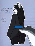 anthro butt crossgender eyewear female fluffy fluffy_tail glasses hair long_coat long_hair paper_background simple_background solo tail sirdoomwolf canid canine canis mammal wolf hi_res