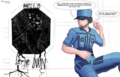 astronaut clothed clothing coveralls dialogue duo electronics eye_contact female floating frown fully_clothed headgear headphones headset long_fingers looking_at_another male male/female multi_eye not_furry simple_background space space_station speech_bubble text window zipper warjenkins nasa eldritch_abomination human humanoid mammal monster 2025 absurd_res digital_media_(artwork) english_text hi_res signature