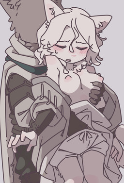 anthro blush blush_lines bodily_fluids bottomwear breast_grab breast_play breasts chest_tuft clothed clothed_anthro clothed_male clothing duo faceless_character faceless_male female fully_clothed fully_clothed_anthro fully_clothed_male fur grey_background grey_body grey_fur grope groping_crotch groping_from_behind hair hand_in_pants hand_on_breast hand_on_crotch looking_pleasured male male/female nipples partially_clothed shirtless shirtless_anthro shirtless_female short_hair shorts simple_background sweat sweatdrop tuft white_body white_fur yagi_the_goat domestic_cat felid feline felis mammal digital_drawing_(artwork) digital_media_(artwork) hi_res