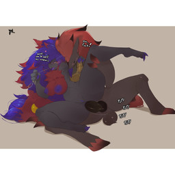 3_claws anal anal_penetration animal_genitalia animal_penis anthro anthro_on_anthro anthro_penetrated anthro_penetrating anthro_penetrating_anthro areola balls big_breasts blush breasts canine_genitalia canine_penis claws clothing dialogue dominant dominant_female duo encouragement eyes_closed female female_penetrated genitals hair heart_symbol intraspecies knot leash leash_pull leg_glider_position male male/female male_penetrating male_penetrating_female nipples nude penetration penile penile_penetration penis penis_in_ass power_bottom purple_areola purple_hair purple_nipples purple_tongue purple_vulva raised_leg red_hair sex tailless text tongue tongue_out topwear vest vulva vilf nintendo pokemon sam_(zoroark) canid generation_5_pokemon mammal pokemon_(species) zoroark 1:1 english_text hi_res