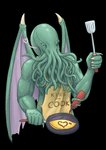 5_fingers apron apron_only claws clothing cookware face_tentacles fingers food frying_pan green_body heart_symbol holding_object ketchup kitchen_utensils male mostly_nude one_eye_closed simple_background solo spatula tentacles tools transparent_background wings wink jon-smitten cthulhu_mythos h._p._lovecraft cthulhu eldritch_abomination alpha_channel