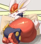 absurd_res anthro big_butt biped butt cinderace feet female generation_8_pokemon hi_res looking_at_viewer lying nintendo open_mouth pokemon pokemon_(species) red_body red_eyes soles solo spreading thick_thighs white_body wide_hips wlllll