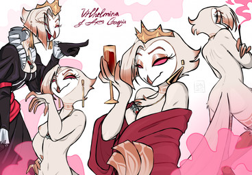 alcohol anthro areola beak beverage breasts clothing container crown cup dress drinking_glass ear_piercing eyelashes feathers female glass glass_container glass_cup hair headgear jewelry multiple_poses navel necklace nipples nude nude_anthro nude_female piercing pose red_eyes short_hair smoking solo tail tail_feathers white_body white_feathers white_hair wine wine_glass dr.vince hellaverse the_lesser_key_of_solomon vilhelmina avian bird demon owl owl_demon absurd_res hi_res