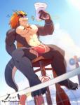 2019 4_toes 5_fingers abs absurd_res acah_orange anthro biped blue_body blue_eyes blue_scales bulge claws clothing countershade_face countershade_torso countershading detailed_background feet fingers hair hi_res kemono light male megaphone muscular muscular_anthro muscular_male net nipples orange_hair scales scalie scar sitting solo sunlight toe_claws toes underwear volleyball_net white_body white_countershading