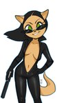 anthro black_hair clothing eyewear female fur green_eyes gun hair holding_gun holding_object holding_ranged_weapon holding_weapon inner_boob jumpsuit navel open_jumpsuit ranged_weapon silencer simple_background solo sunglasses tan_body tan_fur weapon white_background zipper_down dbaru nickelodeon t.u.f.f._puppy kitty_katswell domestic_cat felid feline felis mammal 2025 hi_res