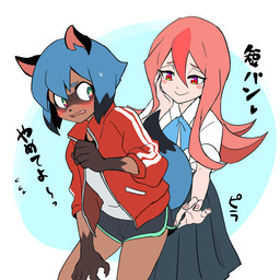 5_fingers anthro blue_body blue_eyes blue_fur blue_hair blush bodily_fluids bottomwear brown_body brown_fur clothed clothing cute_fangs duo embarrassed fangs female fingers fluffy fluffy_tail fur gloves_(marking) hair hand_on_face heart_symbol jacket long_hair markings open_mouth pink_hair red_eyes shorts skirt sound_effects sweat tail teeth text topwear h0y0n brand_new_animal studio_trigger michiru_kagemori nazuna_hiwatashi canid canine human mammal raccoon_dog tanuki 1:1 2020 japanese_text portrait three-quarter_portrait translated