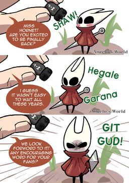 black_legs blush cloak cloak_only clothed clothing dialogue duo electronics fingernails green_text holding_microphone holding_object hornet's_needle looking_at_viewer looking_up microphone monotone_cloak nails red_cloak red_clothing size_difference solo_focus text white_head white_text angelo's_world hollow_knight_(franchise) team_cherry hornet_(hollow_knight) arthropod human mammal absurd_res comic english_description english_text hi_res