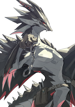 chain cuff_(restraint) dark_body dark_scales emergency_telephone_number handcuffs head_spikes holding_object kemono light male metal_cuffs pecs pockets police police_officer pouch_(clothing) red_eyes red_lighting restraints scales semi-anthro slim snout solo spikes spikes_(anatomy) standing tail winged_arms wings kitsuko3310 mythology dragon mythological_creature mythological_scalie scalie 2026 absurd_res colored digital_drawing_(artwork) digital_media_(artwork) hi_res lighting shaded