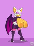 anthro bedroom_eyes big_breasts breasts clothed clothing female hand_on_hip huge_breasts membrane_(anatomy) membranous_wings narrowed_eyes nipples presenting presenting_breasts purple_background seductive simple_background solo wings mklancer00 third-party_edit netflix sega sonic_prime sonic_the_hedgehog_(series) rouge_the_bat bat mammal absurd_res hi_res