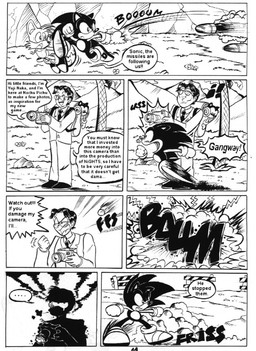 anthro bam_(sound) biped camera explosion eyewear glasses holding_camera holding_object missile pointy_speech_bubble skid_marks sound_effects speech_bubble speedlines text wearing_glasses ayamepso sega sonic_the_hedgehog_(series) miles_prower sonic_the_hedgehog yuji_naka canid canine eulipotyphlan fox hedgehog human mammal black_and_white comic digital_drawing_(artwork) digital_media_(artwork) english_text hatching_(art) line_art monochrome shaded