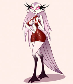 anthro beak big_breasts breasts chest_tuft clothed clothing eyelashes feather_hair feathers female hair long_eyelashes long_hair looking_at_viewer nipple_outline pink_sclera pseudo_hair simple_background slim small_waist smile solo standing tail tail_feathers tuft white_background white_body white_eyes white_feathers gatojack3 hellaverse helluva_boss stella_(helluva_boss) avian bird owl owl_demon 2026 absurd_res hi_res