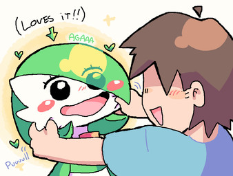 blush cheek_pinch duo female hair hair_over_eye humanoid_pointy_ears male male/female not_furry open_mouth open_smile pointy_ears simple_background smile melfunnysmell nintendo pokemon gaba_(melfunnysmell) gardevoir generation_3_pokemon human humanoid mammal pokemon_(species)