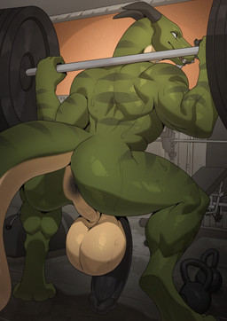 2_horns anthro anus backsack balls barbell big_balls big_penis black_anus black_penis bodily_fluids butt exercise flaccid genitals green_body green_scales horn huge_balls huge_penis humanoid_genitalia humanoid_penis inside male nude penis perineum scales solo stripes sweat tail weightlifting workout idrysse3 mythology mech_(mechedragon) dragon mythological_creature mythological_scalie scalie hi_res