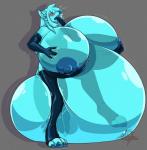 4_fingers 4_toes anthro areola armwear belly belly_expansion big_areola big_belly big_breasts blue_body blue_hair blue_skin blush bra breast_expansion breasts canid canine clothing elbow_gloves expansion feet female fingers fox gloves growth hair half-closed_eyes handwear hi_res huge_belly huge_breasts hyper hyper_belly kaitofletcher latex legwear looking_pleasured mammal mostly_nude narrowed_eyes nipples open_mouth paws project_(sl1) solo text thigh_highs toes tongue tongue_out translucent translucent_body underwear