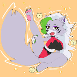 anthro big_breasts big_tail black_nose bottomwear breasts camel_toe cheek_tuft clothed clothing collar colored_nails cute_fangs ear_piercing eyelashes eyeshadow facial_markings facial_tuft fangs feet female front_view fur green_highlights green_nails grey_body grey_fur hair head_markings highlights_(coloring) long_hair looking_at_viewer makeup markings nails navel nipple_outline open_mouth orange_background pawpads piercing purple_eyeshadow raised_leg red_bottomwear red_clothing red_topwear simple_background snaggle_tooth solo spread_legs spreading studded_collar studs tail teeth thick_thighs topwear tuft white_hair wide_hips yellow_eyes mawstrife five_nights_at_freddy's five_nights_at_freddy's:_security_breach scottgames steel_wool_studios roxanne_wolf canid canine canis mammal wolf 1:1 absurd_res hi_res