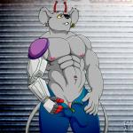 abs antennae_(anatomy) anthro athletic belt biceps big_muscles biped black_nose bottomwear buckteeth bulge clothed clothing ear_piercing ear_ring eye_patch eyewear fur genitals grey_body grey_fur lying male muscular muscular_anthro muscular_male navel nipples notched_ear on_back pants pecs penis penis_base piercing pose prosthetic prosthetic_arm prosthetic_limb red_eyes ring_piercing solo standing teeth undressing zipper fabfelipe biker_mice_from_mars modo_(bmfm) alien mammal mouse murid murine rodent 1:1 hi_res pinup