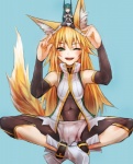 armwear blonde_hair bodysuit clothing crossed_legs detached_sleeves duo fangs female green_eyes green_hair hair long_hair micro navel one_eye_closed purple_eyes robot_ears sitting skinsuit tail teeth tight_clothing wink taishi kokonoe_tsubaki menou_kaname animal_humanoid canid canid_humanoid canine canine_humanoid fox fox_humanoid humanoid mammal mammal_humanoid digital_media_(artwork) digital_painting_(artwork) hi_res