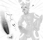 4_fingers abs anthro anthrofied balls big_penis black_and_white black_nose bodily_fluids collar cum cum_meter eeveelution english_text erection fan_character fingers generation_2_pokemon genital_fluids genitals hi_res humanoid_genitalia humanoid_penis keron male masturbation monochrome muscular muscular_anthro muscular_male nintendo orgasm penile penile_masturbation penis pokemon pokemon_(species) pokemorph pvt._keron simple_background solo text tongue tongue_out umbreon vein veiny_penis white_background