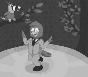 anthro beak black_tie_(suit) clothed clothing duo eyes_closed feathered_wings feathers female flapping leaf leaf_background open_beak open_mouth plant simple_background smile solo stage suit tail tree wings young young_female saltypupcake avian bird canary finch oscine passerine toucan 2026 digital_media_(artwork) hi_res monochrome