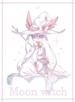 ambiguous_gender blue_eyes blush blush_lines bow_(anatomy) broom cleaning_tool clothing crescent_moon eyelashes feral fur hat headgear headwear looking_at_viewer moon paws pink_body pink_fur ribbons_(anatomy) simple_background sparkles text white_body white_fur witch_hat momu_shi_36 nintendo pokemon eeveelution generation_6_pokemon pokemon_(species) sylveon 2024 english_text hi_res