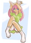 anthro blue_eyes button_dress clothed clothing dress female footwear green_clothing green_dress hair panties paws pink_clothing pink_hair pink_panties pink_underwear raised_arm socks solo underwear upskirt softspecies lagomorph leporid mammal rabbit hi_res