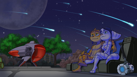 anthro areola arm_around_partner arm_on_shoulder breasts casual_nudity clothing crossed_legs duo eyewear eyewear_on_head feet female fur giant_hammer goggles goggles_on_head green_eyes head_tuft headgear headwear male meteor meteor_shower moon night nipples nude plant rock_formation shooting_star sky spacecraft star striped_body stripes toes tree tuft vehicle white_body white_fur yellow_body yellow_fur black-kitten ratchet_and_clank sony_corporation sony_interactive_entertainment ratchet_(ratchet_and_clank) rivet_(ratchet_and_clank) lombax mammal 16:9 hi_res widescreen
