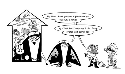 :3 anthro blush cellphone chibi electronics female group humor male phone selfie shovel smartphone speech_bubble text tools trio nonetoon nintendo splatoon big_man_(splatoon) deep_cut_(splatoon) frye_(splatoon) shiver_(splatoon) animal_humanoid aquatic aquatic_humanoid cephalopod cephalopod_humanoid fish humanoid inkling manta_ray mollusk mollusk_humanoid octarian octoling ray_(fish) stingray english_text hi_res monochrome