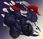 5_fingers anthro anthrofied armor beak big_bulge big_muscles big_pecs black_body black_fur body_hair bulge chest_hair clothing fingers fur hand_on_chest hand_on_hip huge_bulge huge_muscles huge_pecs hyper hyper_muscles male markings muscular pecs scarf solo standing underwear veiny_muscle white_markings yellow_eyes fierglief nintendo pokemon cawaden corviknight generation_8_pokemon pokemon_(species) 2021 absurd_res hi_res