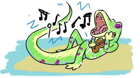 anthro green_body green_scales lute music musical_instrument plucked_string_instrument scales simple_background singing string_instrument tailbutt ukulele white_background bandolute gex_(series) gex_the_gecko gecko lizard reptile scalie