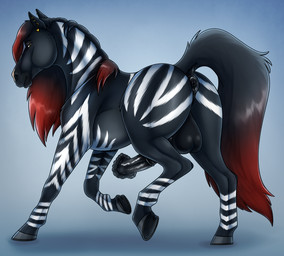 animal_genitalia animal_penis anus balls black_balls black_body black_fur black_mane black_tail butt ear_piercing ear_ring equine_anus equine_genitalia equine_penis erection feral flared_penis fur genitals grey_hooves hooves looking_at_viewer male male_feral mane mouth_closed penis piercing puffy_anus red_mane red_tail ring_piercing side_view simple_background solo striped_butt striped_leg striped_neck stripes tail yellow_eyes killthe_demon cedar_(krummivisur) equid equine horse mammal hi_res