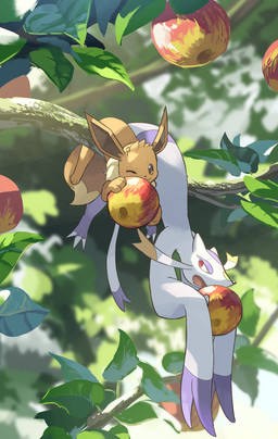 ambiguous_gender anthro apple branch brown_body brown_eyes brown_fur claws duo feral food fruit fur grey_body grey_fur holding_food holding_object in_tree looking_at_another one_eye_closed open_mouth paws plant red_eyes tail tongue tree whiskers hakkentai_pkdn nintendo pokemon eevee generation_1_pokemon generation_5_pokemon mienshao pokemon_(species) 2025 hi_res