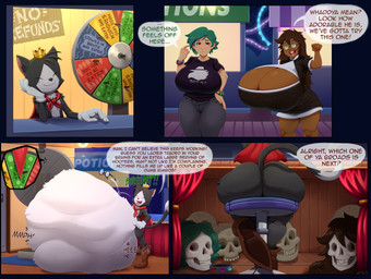 after_vore anthro belly big_belly big_breasts big_butt bone breasts butt clothing female female_prey gloves group handwear huge_butt male male_pred overweight sitting size_difference skull smaller_pred speech_bubble tail text trio vore bronzebanana celtic_mythology european_mythology final_fantasy final_fantasy_vii mythology square_enix cait_sith_(ff7) cat-sith felid human mammal 2022 absurd_res comic english_text hi_res