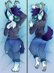 anthro antlers bed bottomwear clothing dakimakura dakimakura_design deer denim denim_bottomwear denim_clothing feet femboy furniture fuse_(analogpentium) hi_res horn hybrid jacket jeans lying lying_on_bed machine male mammal nagifur on_back on_bed pants pawpads paws protogen screen screen_face solo topwear