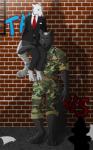 anthro black_body black_fur blue_eyes business_suit clothed clothing duo fur graffiti male red_eyes simple_background smile stripes suit ariesartist tau_maxim canid canine canis dire_wolf domestic_dog felid mammal pantherine prehistoric_species tiger 2018 absurd_res digital_media_(artwork) hi_res