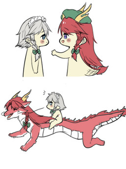 duo female feral fur hair leash quadruped red_body red_fur red_hair riding_on_back white_hair zibao999 mythology touhou hong_meiling sakuya_izayoi dragon eastern_dragon human mammal mythological_creature mythological_scalie scalie 2017